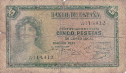 ESPAGNE - 5 PESETAS 1935 - Femme Couronnée Allégorie De La République Sans N° Série - 7116412 - 5 Peseten