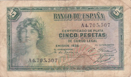 ESPAGNE - 5 PESETAS 1935 - Femme Couronnée Allégorie De La République N° Série A4705507 Série A - 5 Peseten