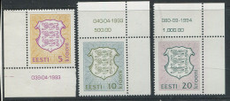 Estonia:Unused Stamps Serie Coat Of Arms, 5, 10 And 20 Krooni, 1993-1994, MNH, Corners - Stamps