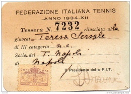 1934 TESSERA FEDERAZIONE ITALIANA TENNIS - Trading Cards