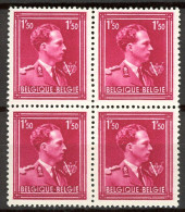 BE    691    XX      ---      MNH  -- Léopold III  --  Bloc De 4 - 1936-1957 Col Ouvert