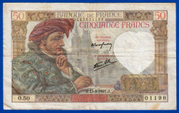 50 FRANCS JACQUES CŒUR ALPHABET 50 N° 01198 J.13-3-1941.J USAGE TYPE 1941 VENDU EN L'ETAT - 50 F 1940-1942 ''Jacques Coeur''