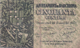 ESPAGNE - ESPAÑA. Emisiones Locales Republicanas 50 Centimos 1937  (Barcelona) 1937 Série C 998520 - Sonstige & Ohne Zuordnung