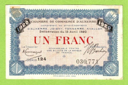FRANCE / AUXERRE / 1 FRANC / 15 AVRIL 1920 / N° 030771 / SERIE   124 - Camera Di Commercio