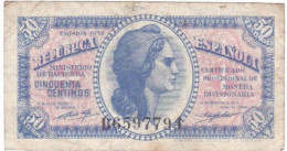 ESPAGNE - ESPAÑA - BILLET 50 Centimos GUERRE CIVILE FRANCO 1937 - Série B 6597794 - 1-2 Pesetas