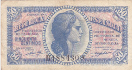 ESPAGNE - ESPAÑA - BILLET 50 Centimos GUERRE CIVILE FRANCO 1937 - Série B 1884309 - 1-2 Peseten