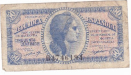 ESPAGNE - ESPAÑA - BILLET 50 Centimos GUERRE CIVILE FRANCO 1937 - Série B 4746194 - 1-2 Peseten