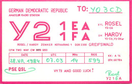 German Democratic Republic Radio Amateur QSL Card Y03CD Y21EA 1984 - Radio Amatoriale