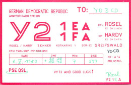 German Democratic Republic Radio Amateur QSL Card Y03CD Y21FA 1983 - Radio Amatoriale