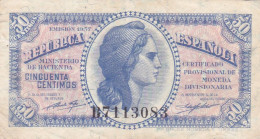ESPAGNE - ESPAÑA - BILLET 50 Centimos GUERRE CIVILE FRANCO 1937 - Série B 7113083 - 1-2 Peseten