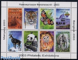Tajikistan 2003 Bangkok 2003 8v M/s, Mint NH, Nature - Animals (others & Mixed) - Butterflies - Cat Family - Elephants.. - Tadzjikistan