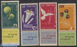 Israel 1952 New Year 4v, Mint NH, Nature - Religion - Birds - Flowers & Plants - Fruit - Bible Texts - Ongebruikt (met Tabs)
