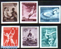 Poland 1955 Sports 6v Imperforated, Mint NH, Sport - Basketball - Kayaks & Rowing - Sport (other And Mixed) - Swimming - Unused Stamps