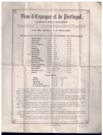 +++ TARIF VINS D'ESPAGNE Et De PORTUGAL - 19e Siècle - Maison Gérard Groetaers - OSTENDE  // - Alimentos