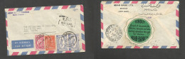 SAUDI ARABIA. 1956 (9 Jan) Mecque - India, Bombay (13 Jan 56) Air Multifkd Env, Reverse Comercial Color Sealing Label +  - Arabie Saoudite