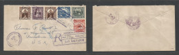 SALVADOR, EL. 1932 (24 May) SS - USA, Providence, RI (18 June) Registered Multifkd Ovptd Issue Envelope Rolling Cachet + - El Salvador