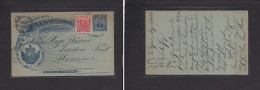 SALVADOR, EL. 1897 (May 17) La Laguna - Germany, Dresden 2c Black Stat Card + 1c Red Adtl + Tied Blue Cds. Via NYC. - El Salvador