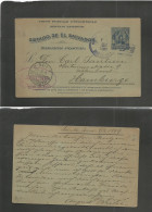 SALVADOR, EL. 1899 (9 Feb) Santa Ana - Germany, Hamburg (6 March) 3c Blue Stat Card. Fine Used + Depart Comercial Oval C - El Salvador