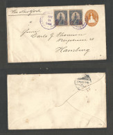 SALVADOR, EL. 1905 (24 Sept) Santa Ana - Germany, Hamburg (22 Oct) 3c Orange Stat Env + 2 Adtls, On 27c. Rate, Tied Lila - El Salvador