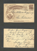 SALVADOR, EL. 1896 (25 Febr) Santa Ana - S. Salvador (26 Febr) 2c Brown Stat Card. Fine Used + Scarce. - El Salvador