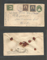 SALVADOR, EL. 1904 (5 April) Salvador  - USA, S. Francisco. Via Acajutla 1c Green Registered Stationary Envelope + 3 Adt - El Salvador