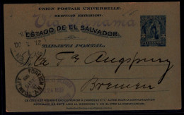 SALVADOR, EL. 1899 (24 Oct). SS - Germany (21 Jan). 3c Blue Stat Card Fine Used. Via NY Endorsed Via Panama Cachet. - El Salvador