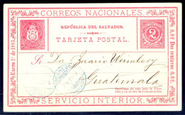 SALVADOR, EL. 1888 (8 Feb). Sta Tecla - Guatemala. 1st Issue 2cts Red Stat Card. VF Used With Proper Transit Cds Message - Salvador