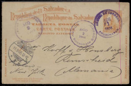 SALVADOR, EL. 1905 (1 Aug). Ahuachapan - Germany (11 Sept). 3c Orange Stat Card. Via Sonsonate - Acajutla - Colon - NY.  - El Salvador