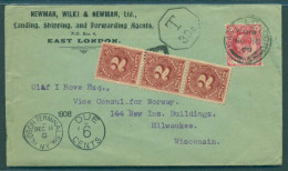 SOUTH AFRICA. 1908 (16 Nov). East London - USA. Ilustrated Taxed Fkd Env Single 1d + 6c US P Due 2c (x3) Cpplied. Severa - Sonstige & Ohne Zuordnung