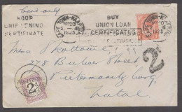 SOUTH AFRICA. 1923 (20 Dec). Cape Town - Natal / Pietermaritzburg. Fkd Env Slogan Cancel Taxed 2d + P Due Tied 2d On Fro - Altri & Non Classificati