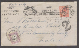 SOUTH AFRICA. 1923 (20 Dec). Cape Town - Natal / Pietermaritzburg. Fkd Env Slogan Cancel Taxed 2d + P Due Tied 2d On Fro - Sonstige & Ohne Zuordnung