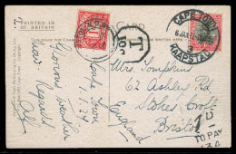 SOUTH AFRICA. 1927 (6 Jan). Capetown - UK / Bristol. Fkd PPC + Taxed + 1d P Due / Tied. Appealing Item. - Other & Unclassified