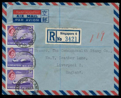 STRAITS SETTLEMENTS SINGAPORE. 1956 (6 June). Kampong Glam / Singapore - UK. Reg Air Multifkd (30c Strip Pf Three) Usage - Singapur (1959-...)