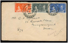 STRAITS SETTLEMENTS SINGAPORE. 1937 (14 Sept). Sing . Devon / UK. Coronation Fkd Env. - Singapour (1959-...)