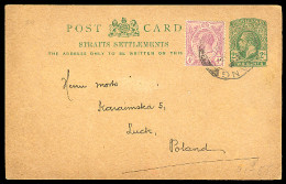 STRAITS SETTLEMENTS SINGAPORE. 1930. Penang - Poland. 2c Stat Card + Adtl. Usage + Dest. - Singapore (1959-...)