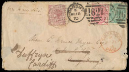 STRAITS SETTLEMENTS SINGAPORE. 1875. Cardiff / Wales - Hong Kong But Reposted In Singapore Back To UK. Env Bearing GB 1s - Singapur (1959-...)