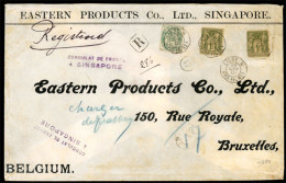 STRAITS SETTLEMENTS SINGAPORE. 1901. Singapore To Belgium. Registered Envelope Frkd. France Sage 1 F Green (x2) 10 Cts.  - Singapur (1959-...)