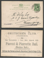 SOUTH AFRICA. 1912 (30 May) Joburg - Verceniging. 1/2d Green Stat Card. XF. - Altri & Non Classificati