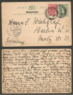 SOUTH AFRICA. 1905(6 Nov). Joburg - Germany, Berlin (27 Nov). Transvaal 1/2d Green Stat Green Card 1d Red Cds. Fine. - Altri & Non Classificati