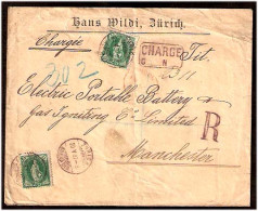 SWITZERLAND. 1887. Zürich - UK. Registered Fkd Env. 25c X2 / Marks. - Other & Unclassified