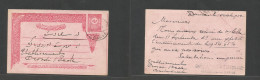 SYRIA. 1902 (1 Oct) Turkish PO, Damas - Constantinople. 30 P Red Stat Card, Bilingual Depart Cds. Fine. - Siria