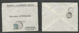 TURKEY. 1910 (7 July) Turkish Postal Admin In Greece. Xanthi - London, UK. Athens Bank Fkd Env. Fine Cachet Cds. - Autres & Non Classés