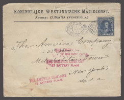 VENEZUELA. 1911 (25 Dec). Cumana - USA / NY. Dutch Suriname Paquebot Cancelling Fkd Env. 25c Blue Mail Dutch West India  - Venezuela