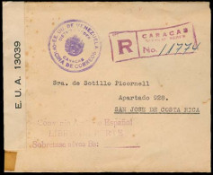 VENEZUELA. 1942. Caracas - Costa Rica. Official Franchise Mail. Registered Censored Env / "Convenio / Sobretaxa Aerea" C - Venezuela