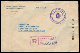 VENEZUELA. 1942. Caracas - Costa Rica. Registered Official Env. Stampless Franchise + Censor Bilingual Label. MasG-1383. - Venezuela