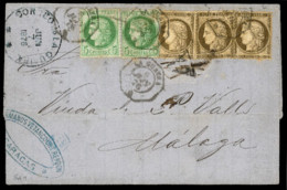 VENEZUELA. VENEZUELA. 1876(June 7th). Cover From Caracas To Malaga, Spain Franked By France 1873 2x5c Green And Strip Of - Venezuela