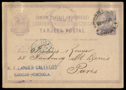 VENEZUELA. 1892. Caracas To France. 10cts Lilac Stationery Card With Blue French Octagonal. Beauty. Scarce Usage. XF. - Venezuela