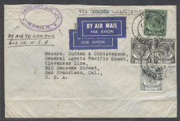 STRAITS SETTLEMENTS SINGAPORE. 1937 (18 Feb). Manila, Philippines - Singapore - USA, CA. Air Multifkd Via London Doble A - Singapore (1959-...)