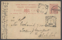 STRAITS SETTLEMENTS SINGAPORE. 1901 (12 Jan). Penang - Dutch Indies / Jokang. 3c Red Stat Card + Transits On Front / Cds - Singapore (1959-...)