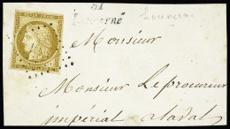 Obl,sur Fragment N°1 10c Bistre-jaune, Bien Margé, Obl. PC Sur Fragment Avec Cursive "51 Louverné", Mayenne, TB - 1849-1850 Cérès